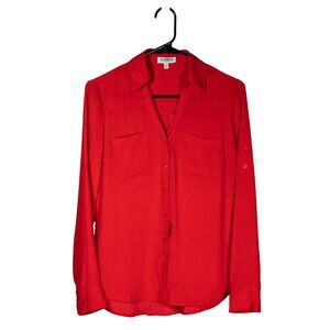 Express Women's Shirt Portofino Button Up Red V-Neck Long Sleeve Blouse Top XS